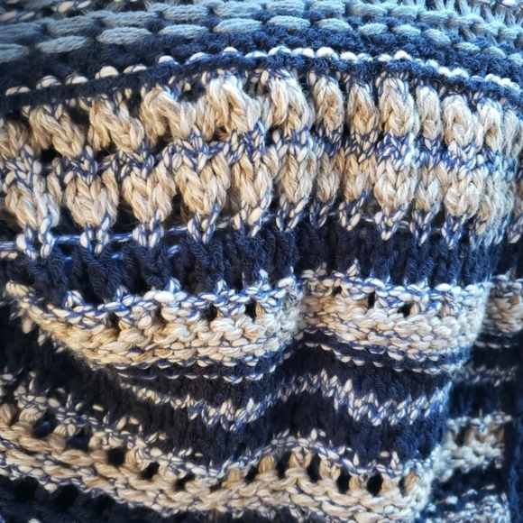 Benetton Womans Blue Knit Crochet Cut Out Striped Open Cardigan Sweater M NWT - Picture 8 of 14